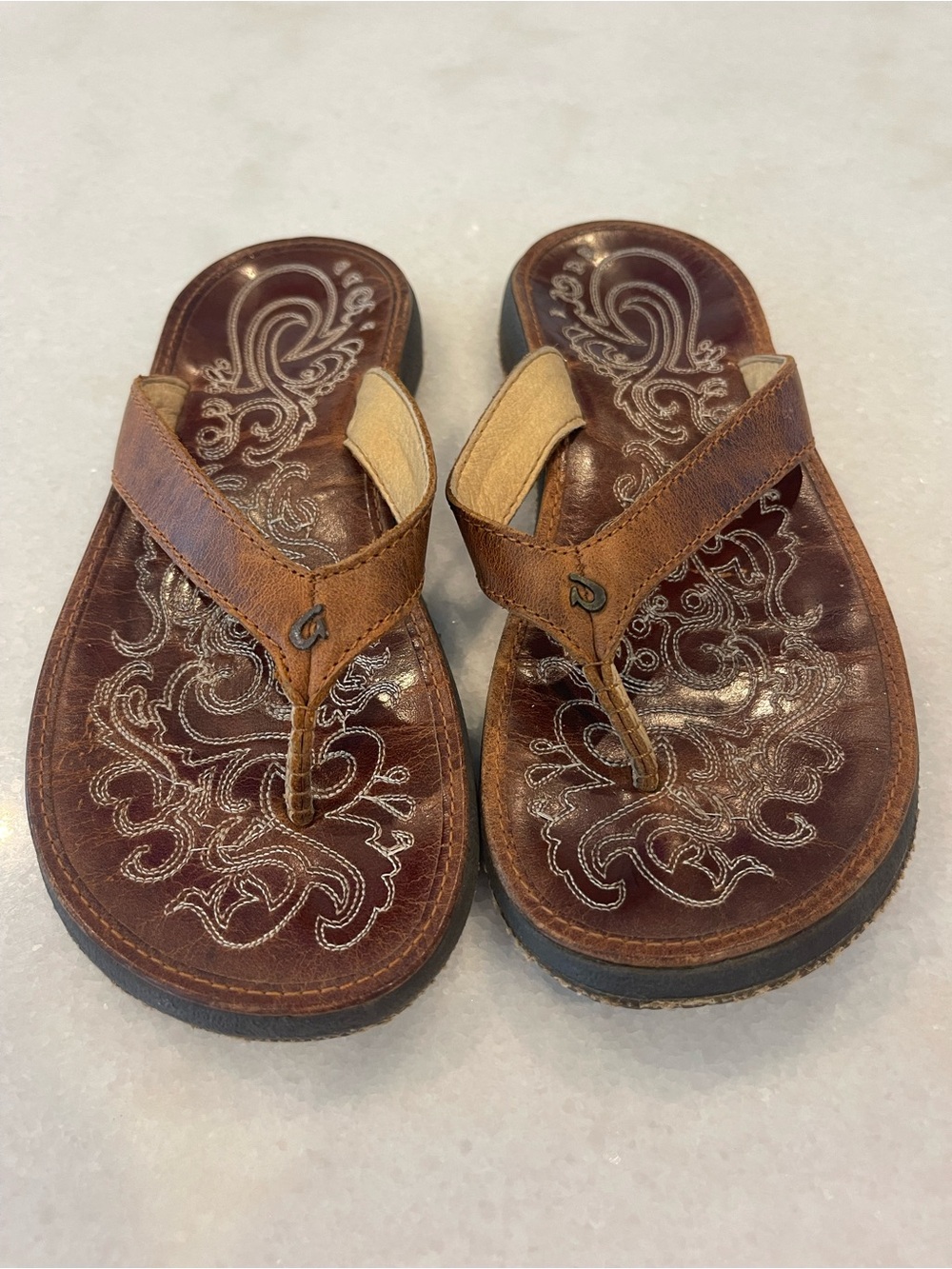 OluKai Paniolo Brown Leather Flip Flop Sandals Shoes 6 - Picture 3 of 7